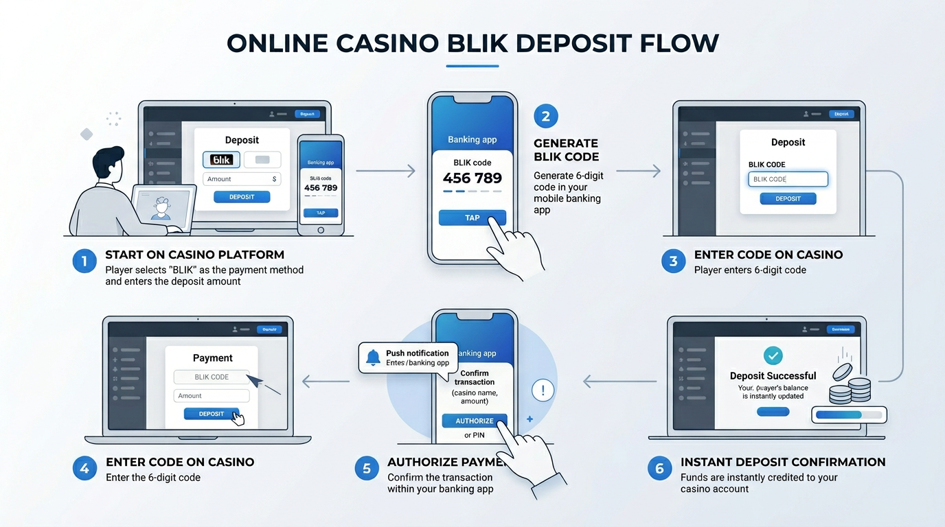 Infografika przedstawiająca proces płatności BLIK: od wygenerowania kodu w aplikacji bankowej do autoryzacji transakcji w kasynie