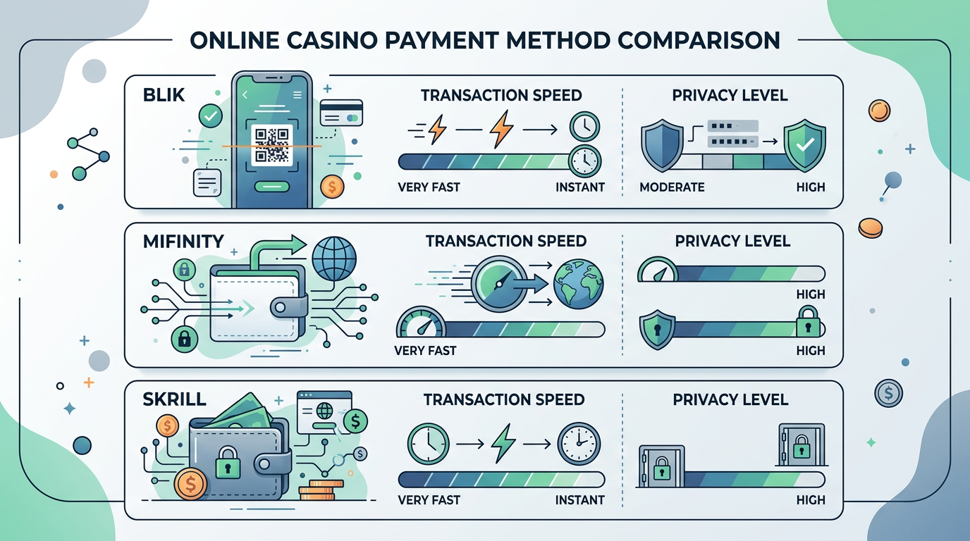 Infografika porównująca szybkość i prywatność alternatywnych metod płatności takich jak Blik i MiFinity względem PayPal