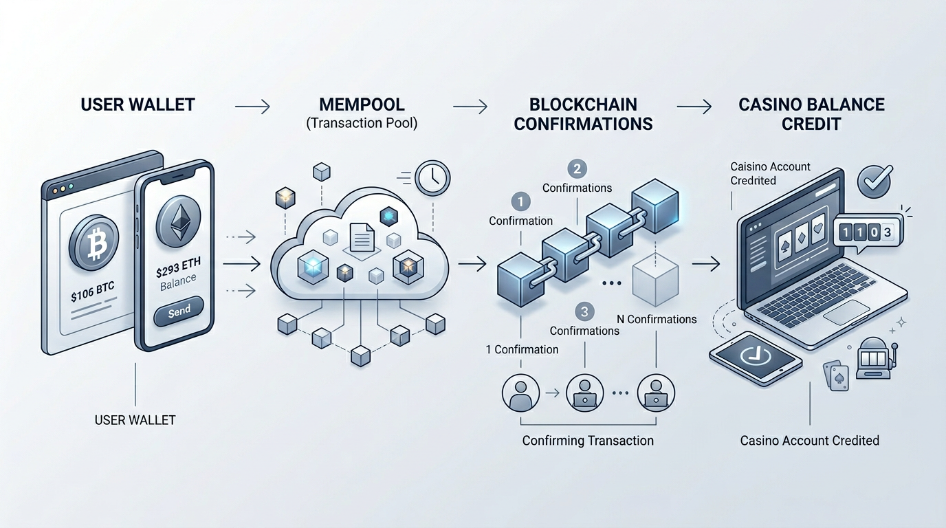 Infografika przedstawiająca proces transakcji kryptowalutowej od portfela gracza przez mempool do kasyna online