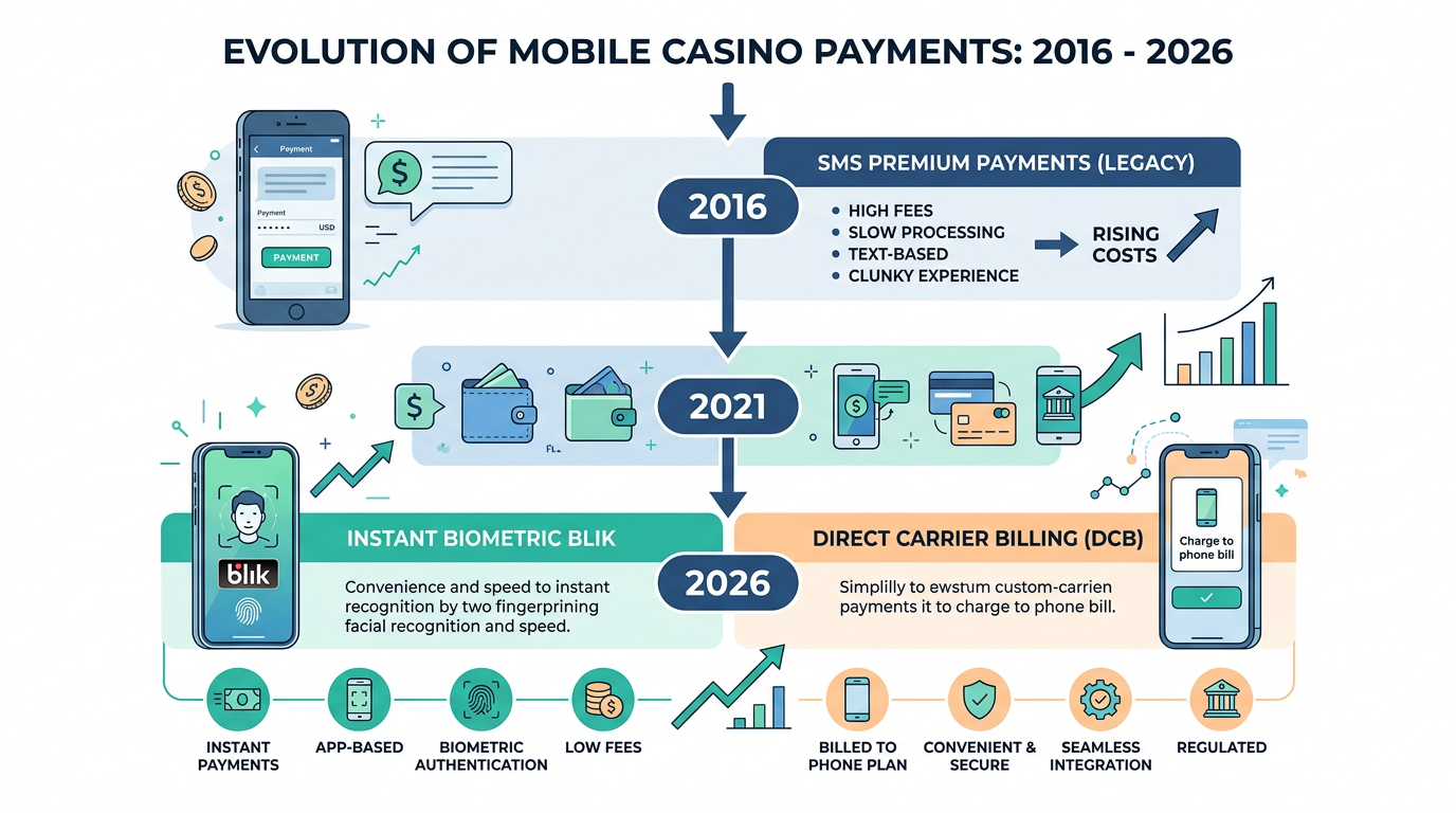 Infografika przedstawiająca ewolucję płatności mobilnych w kasynach od SMS Premium do systemów Blik i biometrii w 2026 roku