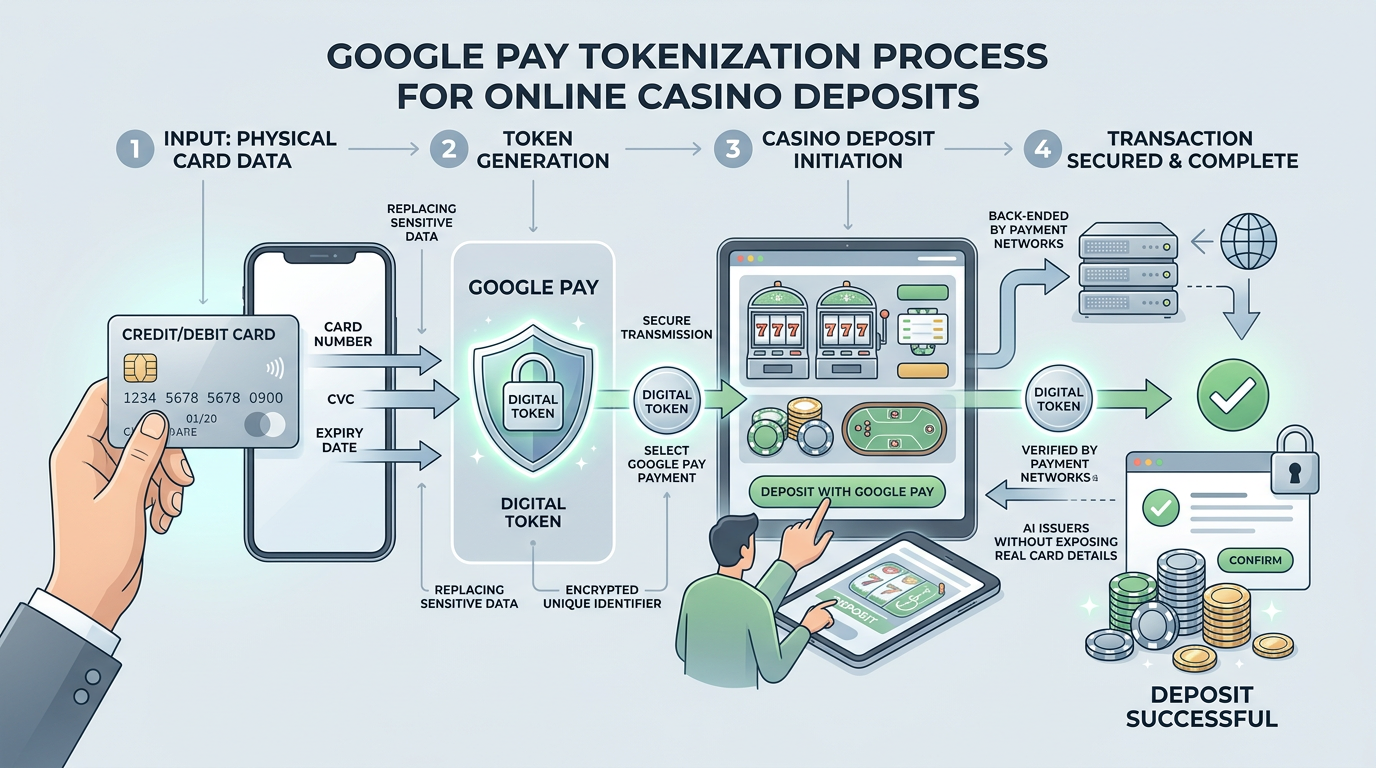 Infografika przedstawiająca proces tokenizacji płatności Google Pay w kasynie online