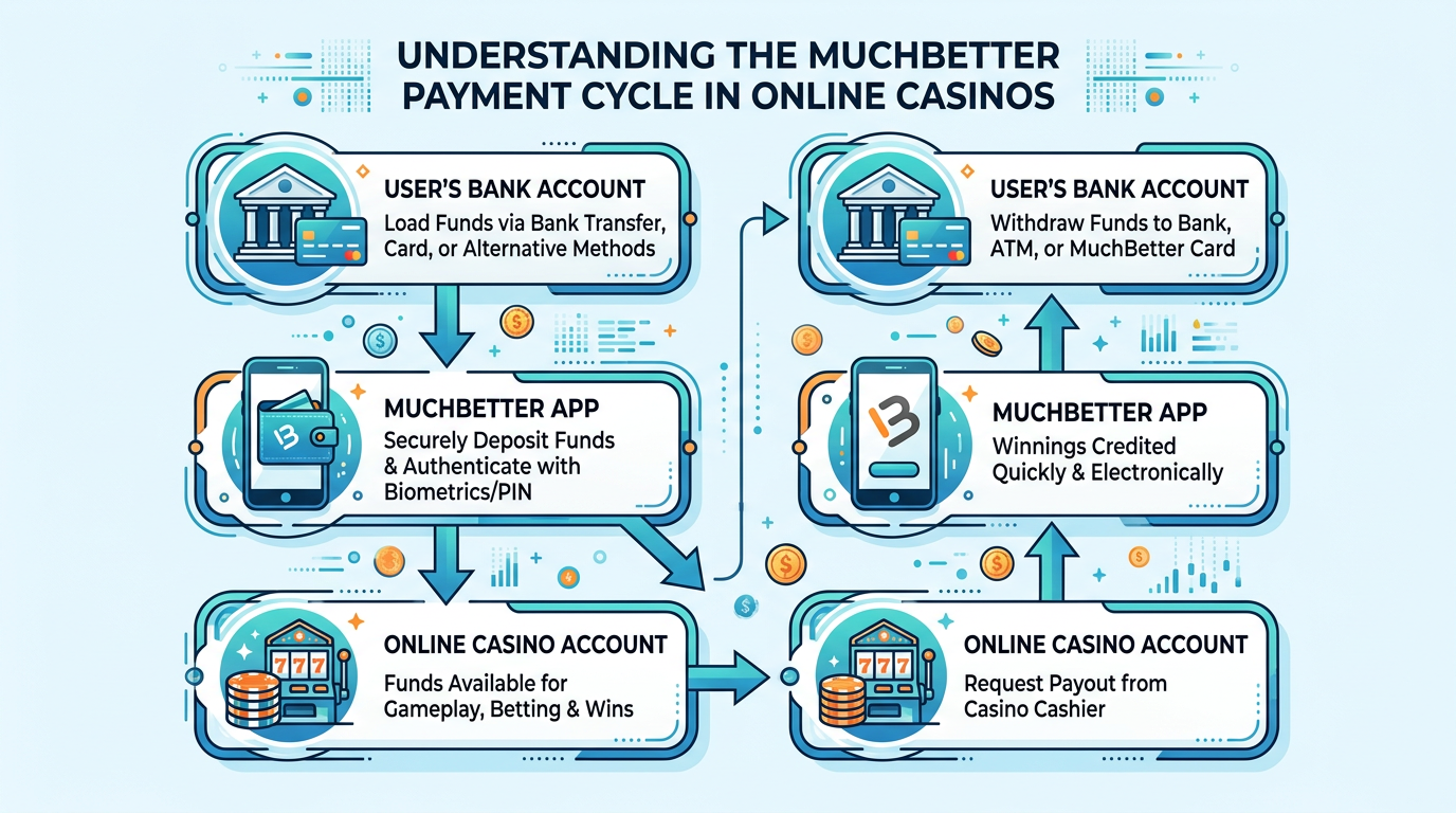 Infografika przedstawiająca cykl płatności MuchBetter w kasynie online