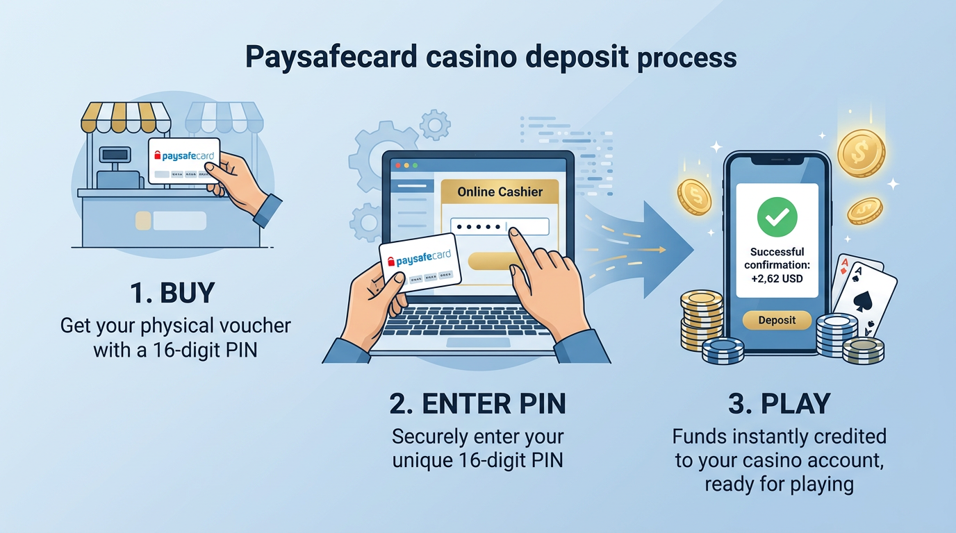 Infografika przedstawiająca proces wpłaty depozytu do kasyna za pomocą Paysafecard