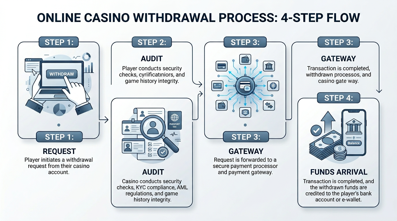 Infografika przedstawiająca 4-etapowy proces przetwarzania wypłaty w kasynie online