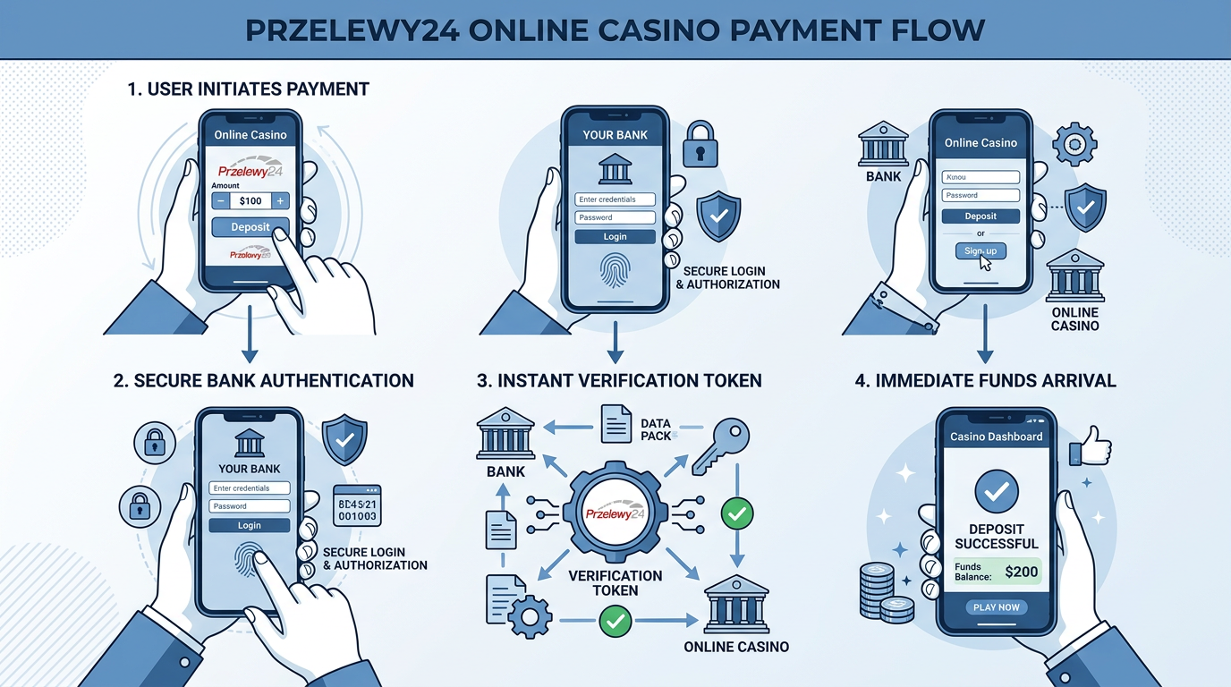 Infografika przedstawiająca proces płatności Przelewy24 w kasynie online