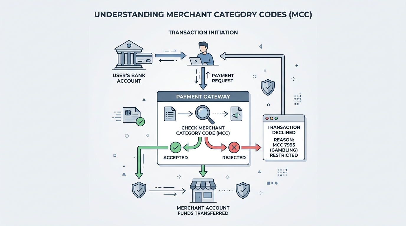 Infografika wyjaśniająca działanie kodów MCC i proces autoryzacji płatności Revolut w kasynach online