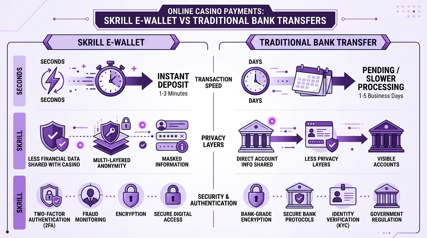 Infografika porównująca zalety płatności Skrill w kasynach online względem bankowości tradycyjnej