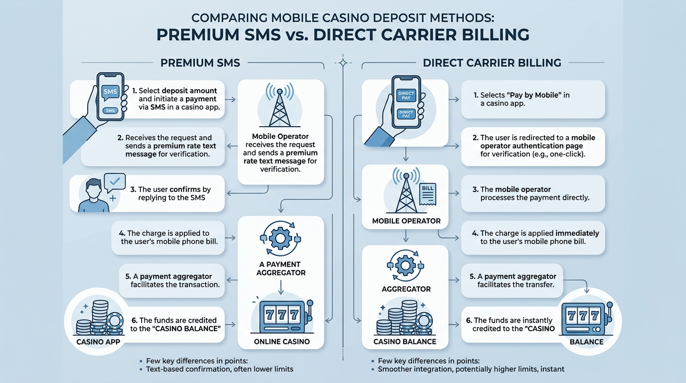 Infografika porównująca płatności Premium SMS oraz Direct Carrier Billing w kasynach online