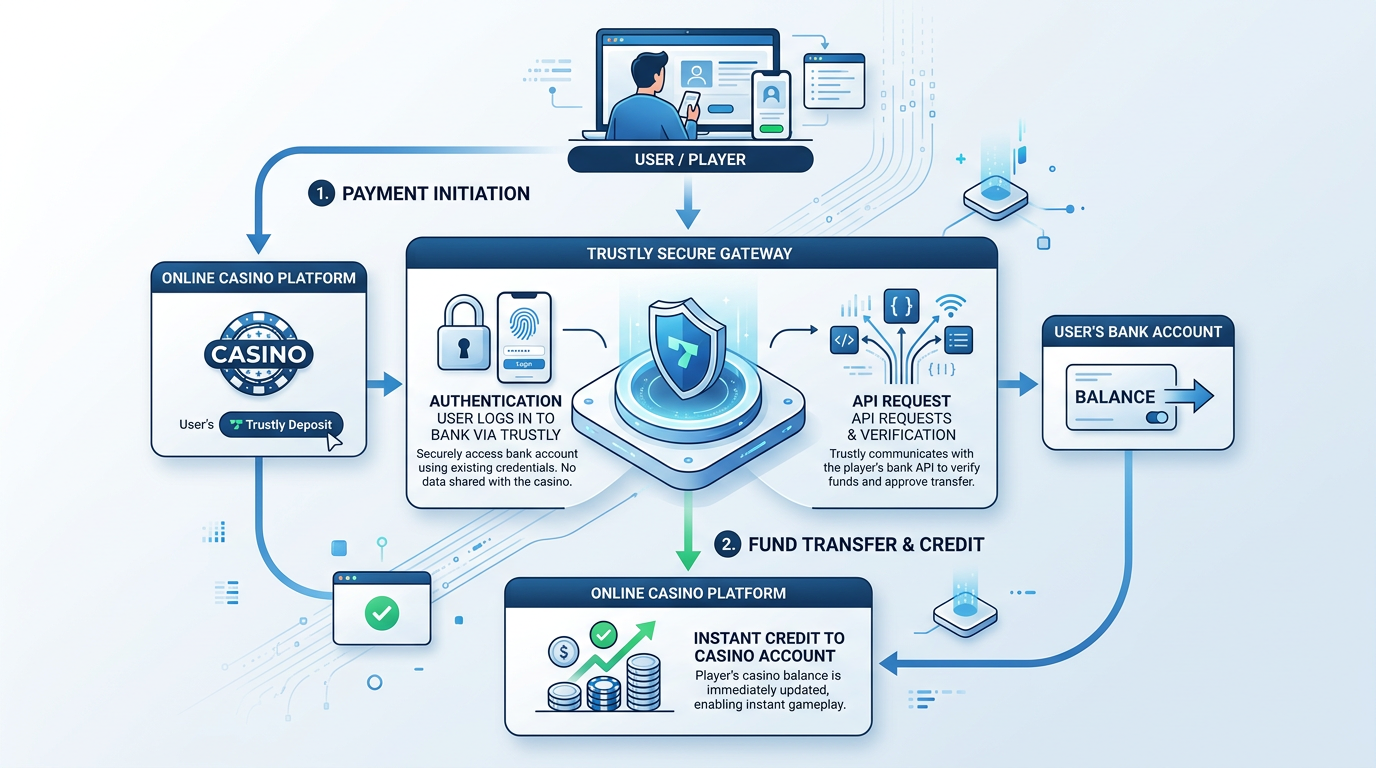 Infografika przedstawiająca proces błyskawicznej płatności Trustly między bankiem a kasynem online
